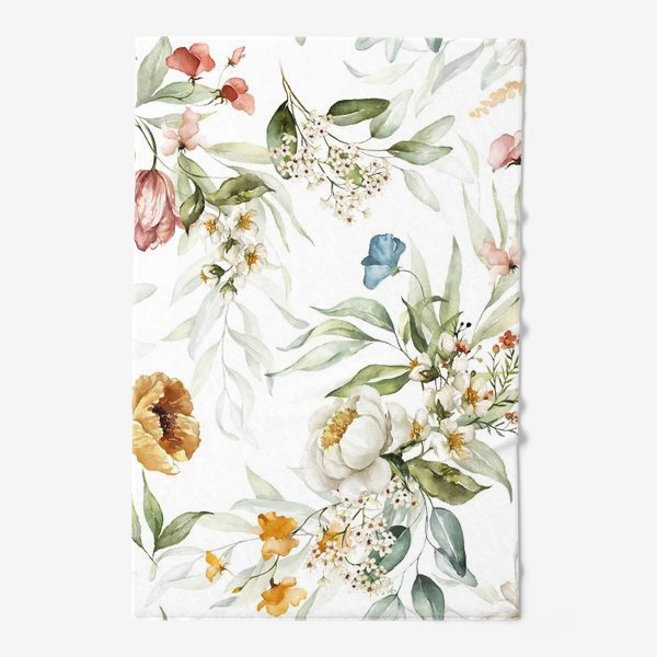 Полотенце «Акварельный букет пионы, маки, вишня, листья на белом фоне»