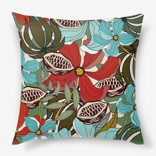 Подушка «Красно-голубые цветы с зелёными листьями и какао»