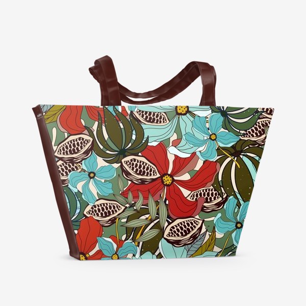 Пляжная сумка «Красно-голубые цветы с зелёными листьями и какао»