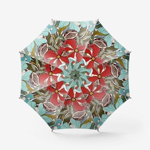 Зонт «Красно-голубые цветы с зелёными листьями и какао»