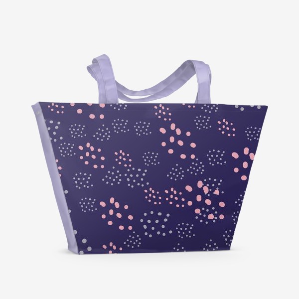 Пляжная сумка «Абстрактные серые и розовые точки на синем, паттерн. Горох, polka dot»