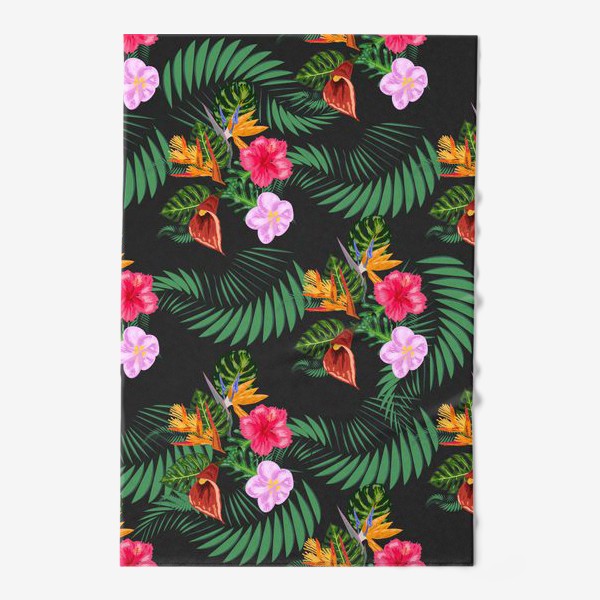Полотенце «Тропические цветы и листья на черном, паттерн. Гибтскус, кала, пальма, стерлицца»