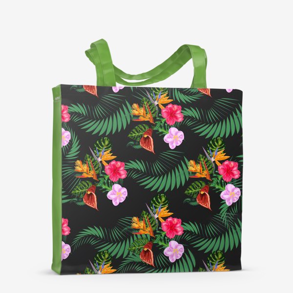 Сумка-шоппер «Тропические цветы и листья на черном, паттерн. Гибтскус, кала, пальма, стерлицца»