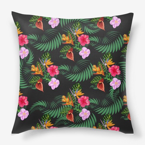 Подушка «Тропические цветы и листья на черном, паттерн. Гибтскус, кала, пальма, стерлицца»