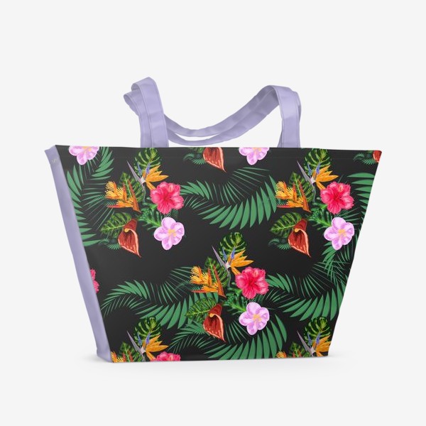 Пляжная сумка «Тропические цветы и листья на черном, паттерн. Гибтскус, кала, пальма, стерлицца»