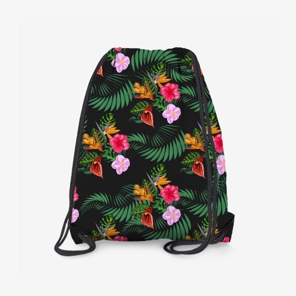 Рюкзак «Тропические цветы и листья на черном, паттерн. Гибтскус, кала, пальма, стерлицца»