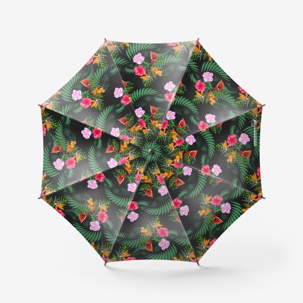 Зонт «Тропические цветы и листья на черном, паттерн. Гибтскус, кала, пальма, стерлицца»