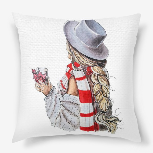 Подушка «Девушка со стаканчиком кофе и осенними листьями, в шляпе и красно-белом шарфе. »