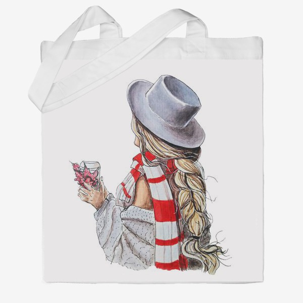 Сумка хб &laquo;Девушка со стаканчиком кофе и осенними листьями, в шляпе и красно-белом шарфе. &raquo;