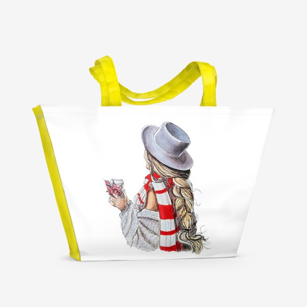 Пляжная сумка «Девушка со стаканчиком кофе и осенними листьями, в шляпе и красно-белом шарфе. »