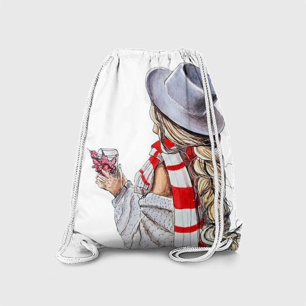 Рюкзак «Девушка со стаканчиком кофе и осенними листьями, в шляпе и красно-белом шарфе. »