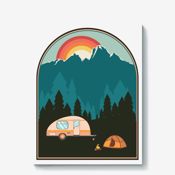 Холст «Палатка в лесу у подножия гор»