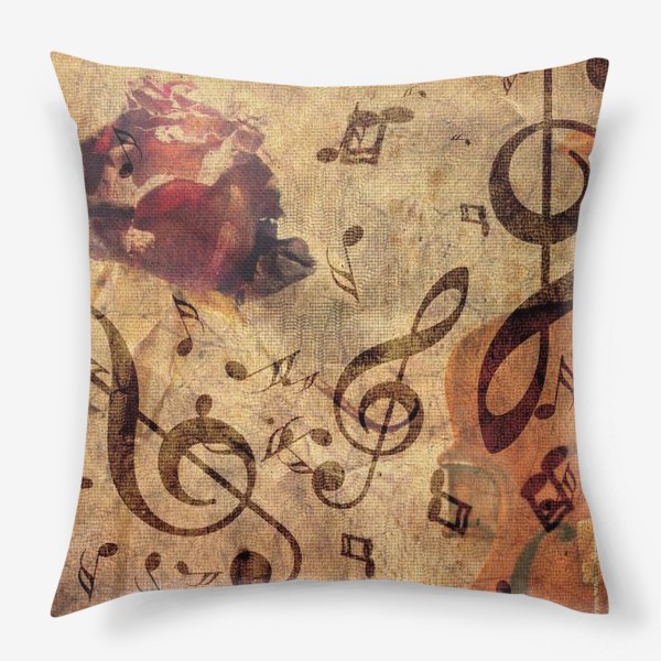 Подушка «Старая скрипка, ноты и роза»