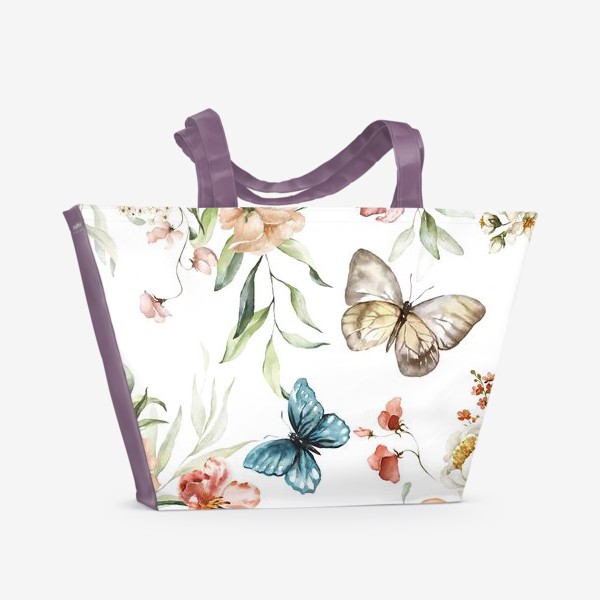 Пляжная сумка «Акварельный принт цветы и бабочки»