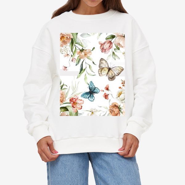 Свитшот «Акварельный принт цветы и бабочки»