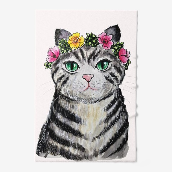 Полотенце &laquo;Серая полосатая кошка с венком цветов на голове. &raquo;