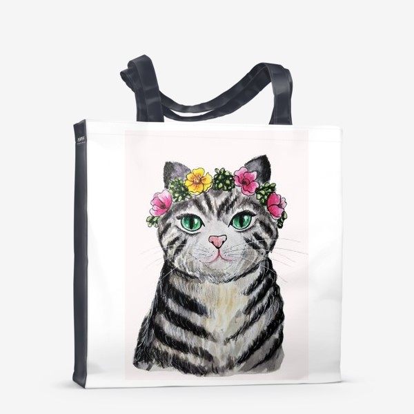 Сумка-шоппер «Серая полосатая кошка с венком цветов на голове. »