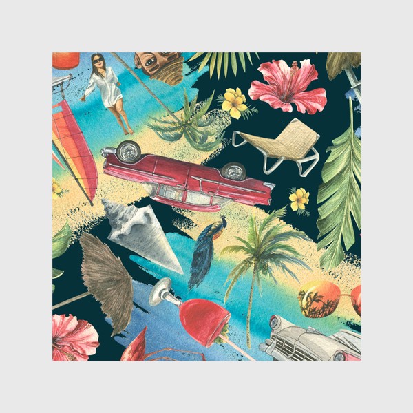 Шторы &laquo;Райская Куба. Ретро машины, пляж, пальмы, фламинго, океан. Акварель, паттерн.&raquo;