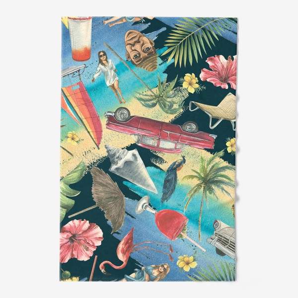 Полотенце «Райская Куба. Ретро машины, пляж, пальмы, фламинго, океан. Акварель, паттерн.»