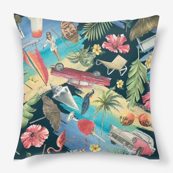 Подушка &laquo;Райская Куба. Ретро машины, пляж, пальмы, фламинго, океан. Акварель, паттерн.&raquo;