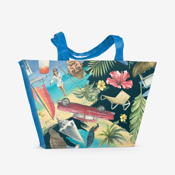 Пляжная сумка «Райская Куба. Ретро машины, пляж, пальмы, фламинго, океан. Акварель, паттерн.»