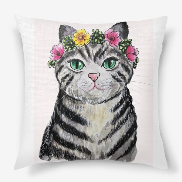 Подушка «Серая полосатая кошка с венком цветов на голове. »