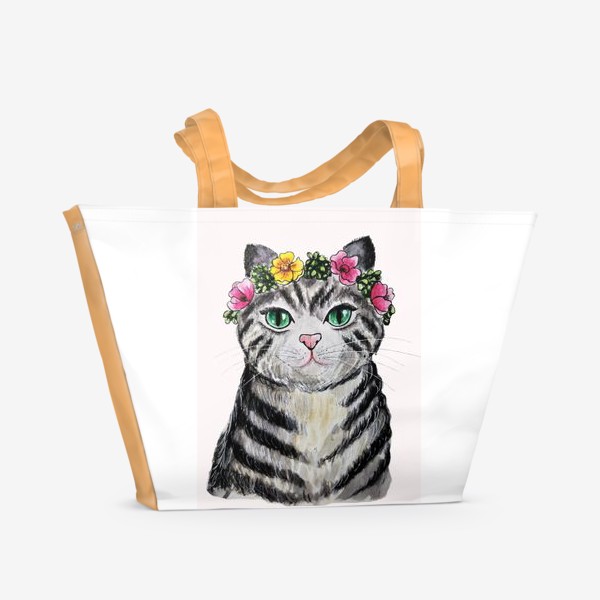 Пляжная сумка &laquo;Серая полосатая кошка с венком цветов на голове. &raquo;
