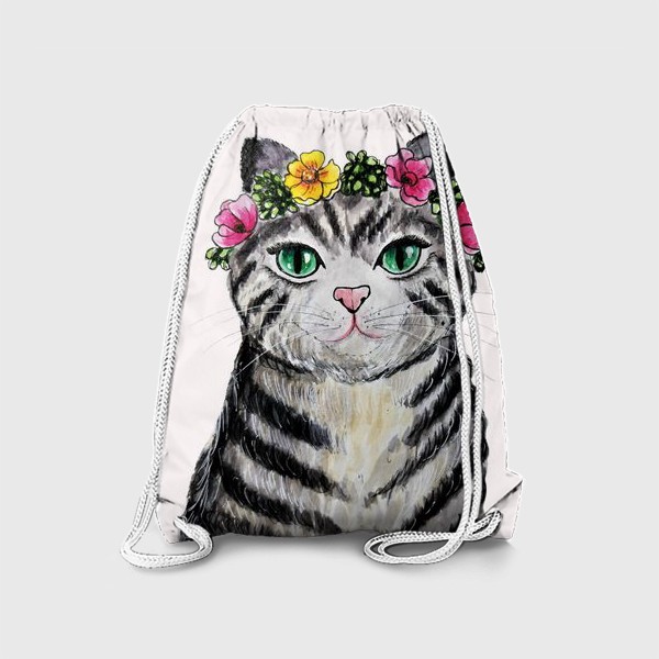 Рюкзак «Серая полосатая кошка с венком цветов на голове. »