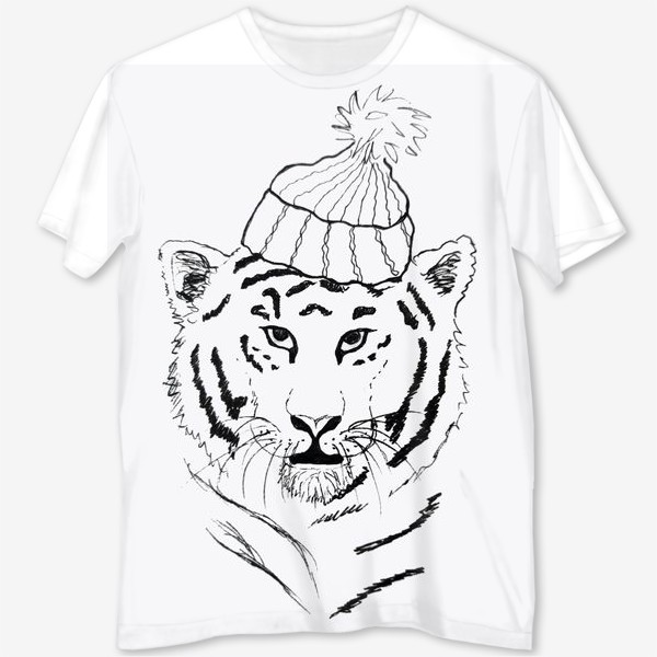 Футболка с полной запечаткой «Тигр в шапке, черно-белый»