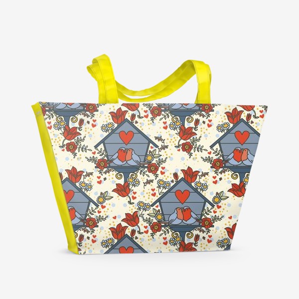 Пляжная сумка «Паттерн с влюблёнными птичками и цветами»