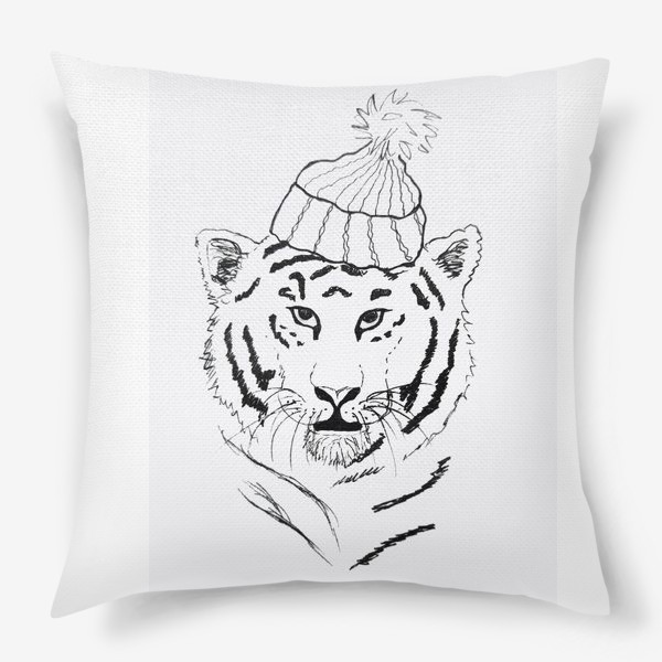 Подушка «Тигр в шапке, черно-белый»