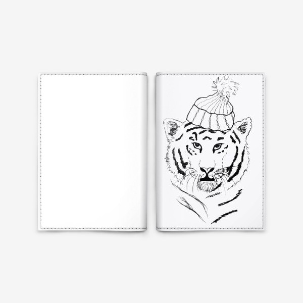 Обложка для паспорта «Тигр в шапке, черно-белый»