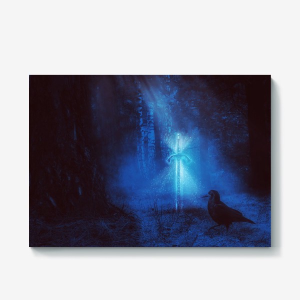 Холст «Светящийся меч в ночном лесу и ворон»