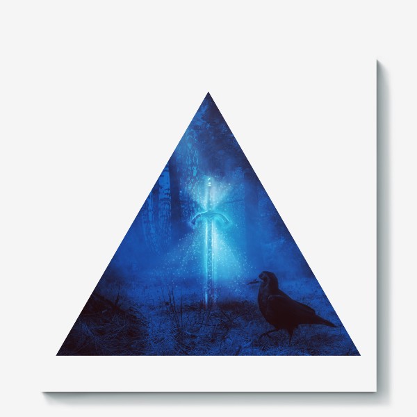 Холст «Светящийся синим меч в ночном лесу и ворон»