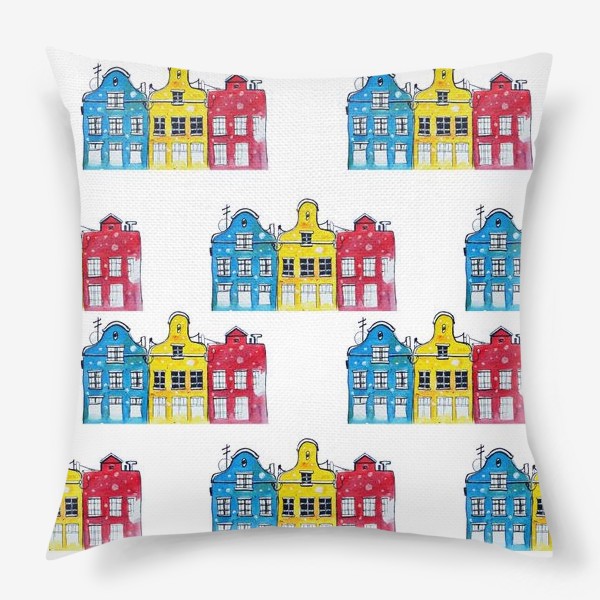 Подушка «Голубой, желтый и красный домики . Амстердам. »