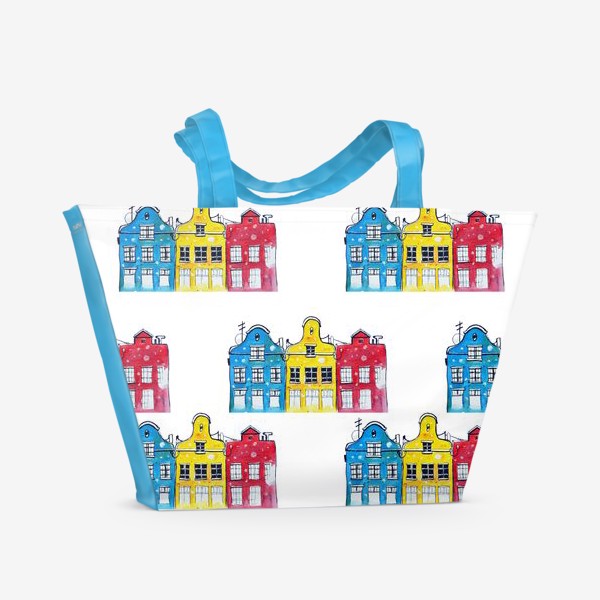 Пляжная сумка «Голубой, желтый и красный домики . Амстердам. »