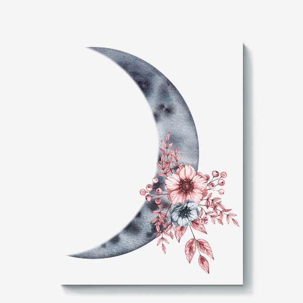 Холст «Акварельные луна с цветами и ягодами»
