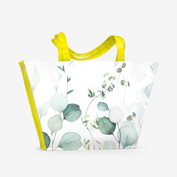 Пляжная сумка «Акварель зеленые и золотые веточки»
