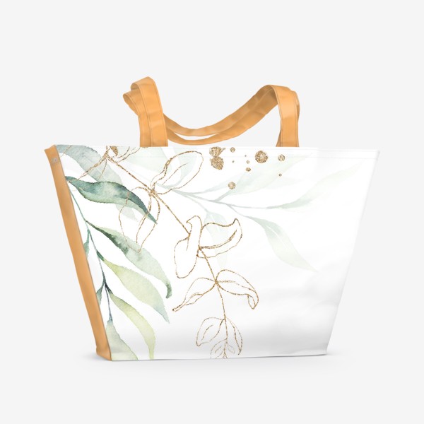 Пляжная сумка &laquo;Акварель зеленые и золотые веточки&raquo;