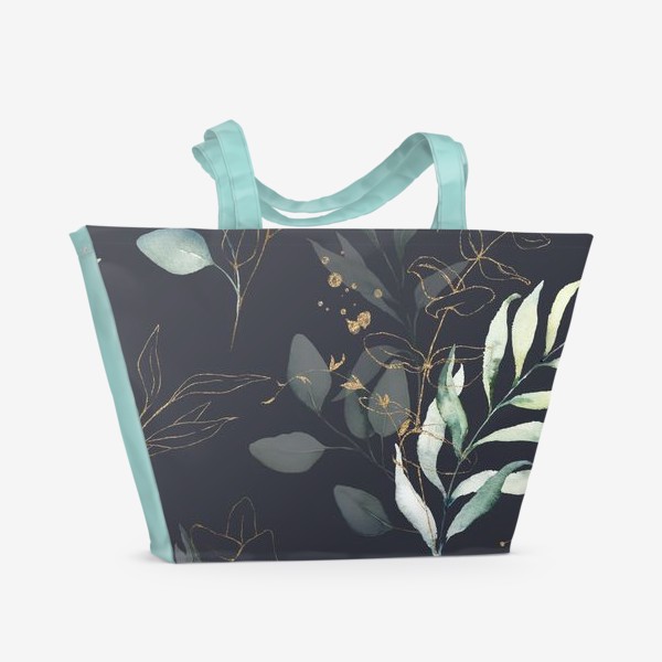 Пляжная сумка «Зеленые и золотые веточки с цветами»