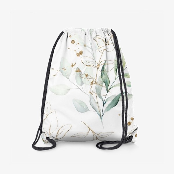 Рюкзак «Зеленые и золотые веточки на белом фоне акварелью»