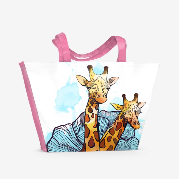 Пляжная сумка «Парочка жирафов в цветке. Акварель»