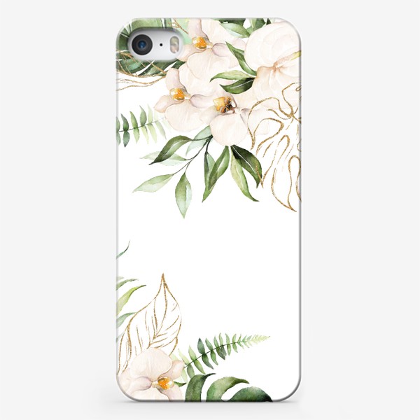 Чехол iPhone «Пальма, папоротник и орхидеи акварель»