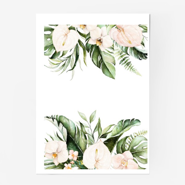 Постер «Пальма, папоротник и орхидеи акварель»