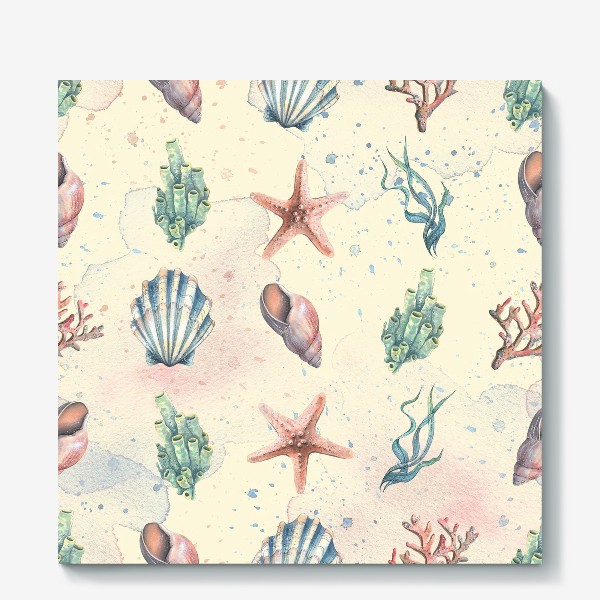 Холст &laquo;Морские ракушки, звезды, кораллы. Подводный мир. Акварельный паттерн.&raquo;