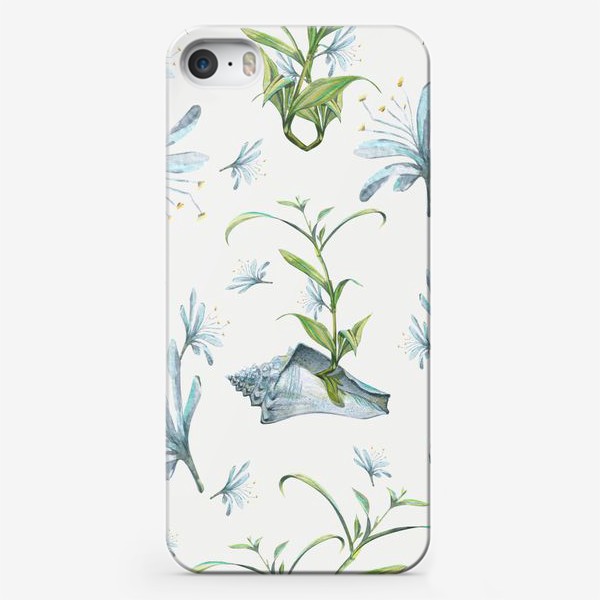 Чехол iPhone «Морская ракушка с цветами хлорофитума. Голубой, акварельный паттерн.»