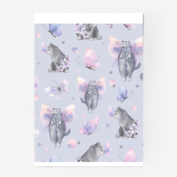 Постер «Серые котики, коты и бабочки. Акварельный паттерн.»