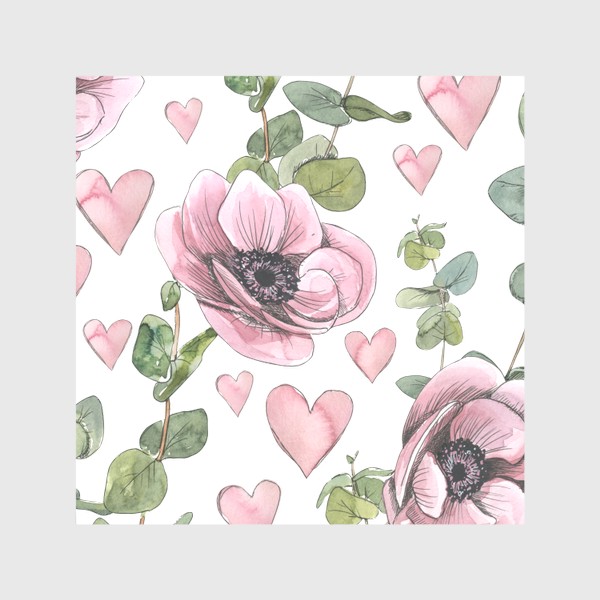 Скатерть &laquo;Розовые цветы анемоны, эвкалипт. Акварельный паттерн.&raquo;