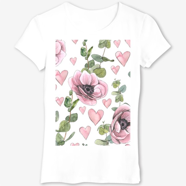 Футболка &laquo;Розовые цветы анемоны, эвкалипт. Акварельный паттерн.&raquo;