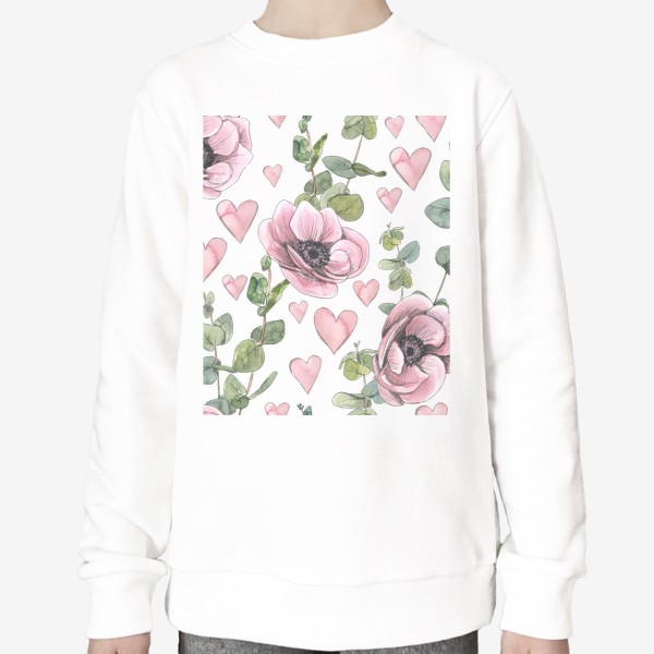 Свитшот &laquo;Розовые цветы анемоны, эвкалипт. Акварельный паттерн.&raquo;